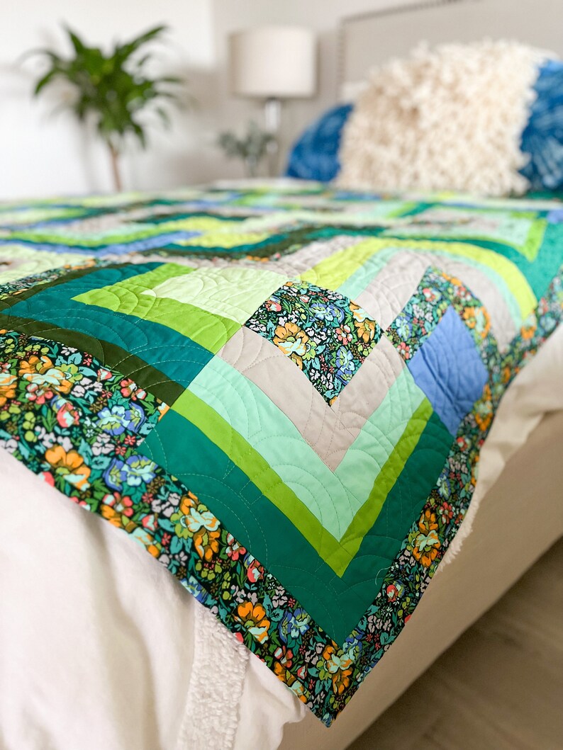 Albers Green Throw Quilt Mod Color Pop Floral Handmade Modern Patchwork Log Cabin Mid Mod Style Colour Study Lap Throw Bunk Quilt image 5