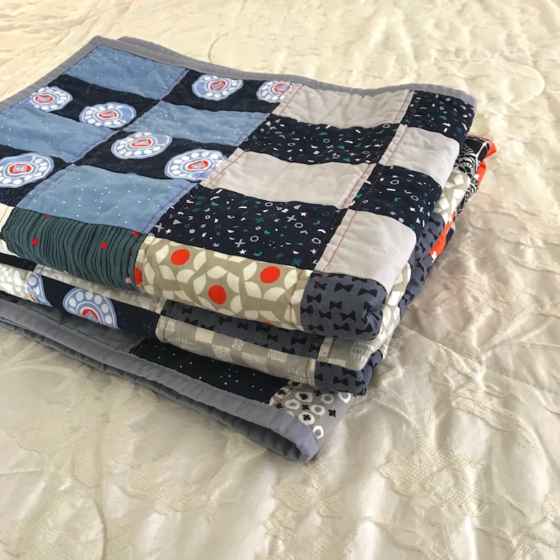 Toddler quilt Sofa Throw quilt Lap Quilt Vintage Modern Quilt Handmade Patchwork navy and red orange Retro Quilt