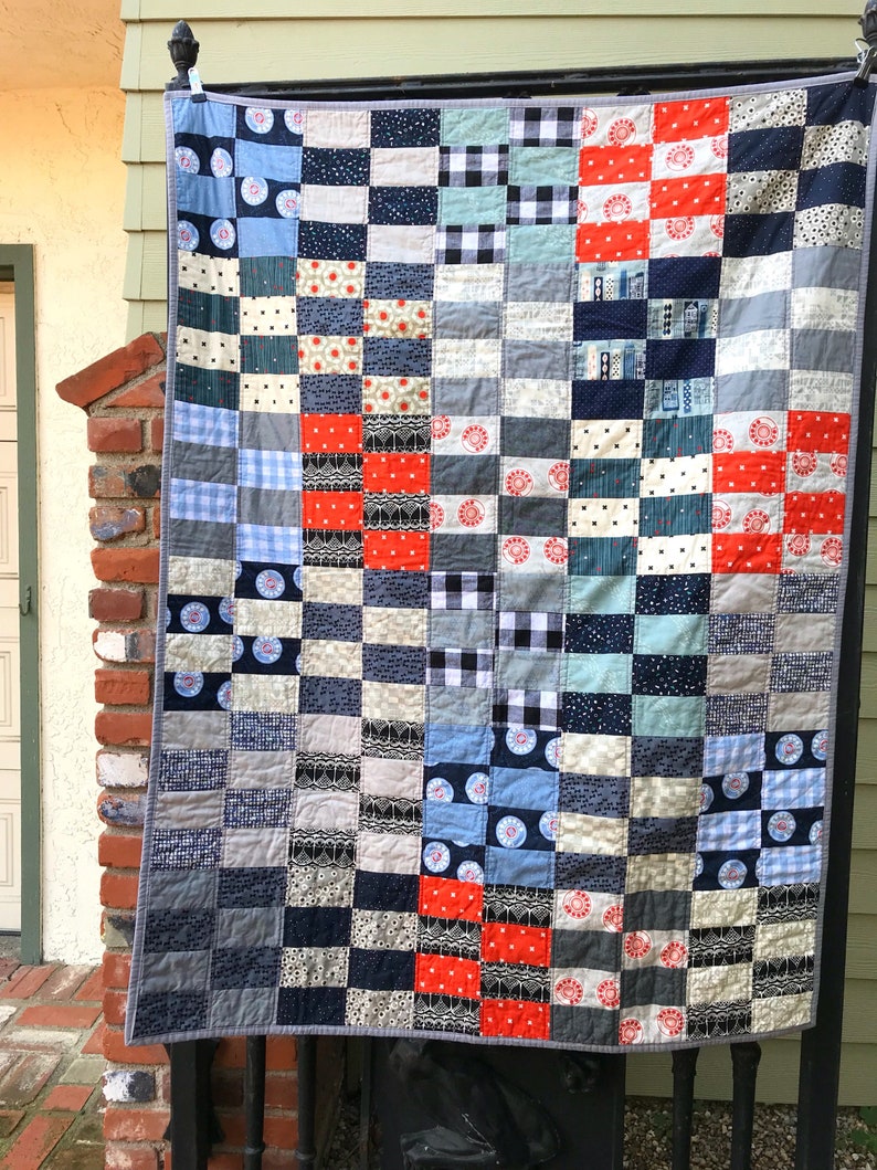 Toddler quilt Sofa Throw quilt Lap Quilt Vintage Modern Quilt Handmade Patchwork navy and red orange Retro Quilt