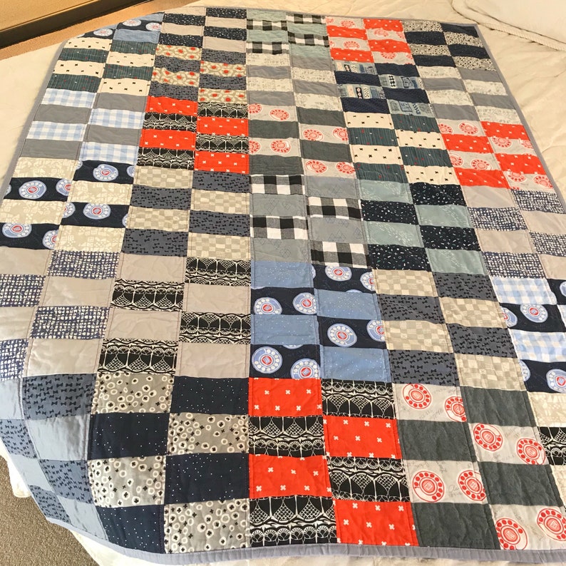 Toddler quilt Sofa Throw quilt Lap Quilt Vintage Modern Quilt Handmade Patchwork navy and red orange Retro Quilt