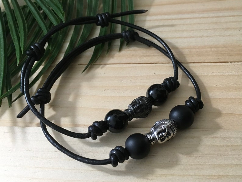 Leather \u201cBuddha Head\u201d Adjustable Bracelets Large Black or Silver Buddah Head Leather or Vegan Wax Cotton Cord Bracelets