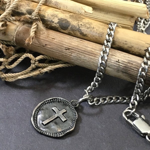 Relic Cross With Wax Seal Gunmetal Grey Cross Coin Pendant on a Tarnish Free Cuban Link Stainless Steel Necklace Men Pendant Necklace