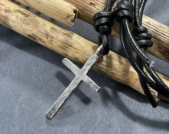 Men's Hammered Silver Cross Necklace, Rustic Black Leather