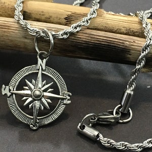 North Star Compass Necklace Silver Compass Pendant on a Tarnish Free Silver Stainless Steel waterproof Sweat Proof Rope Chain Necklace