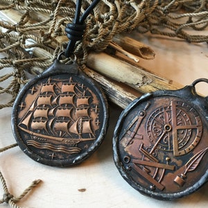 Men’s Vintage Ship Medallion Necklace Vintage Double sided With Ship Tools on Reverse Large Soldered Pendant Genuine Leather or Vegan Cord