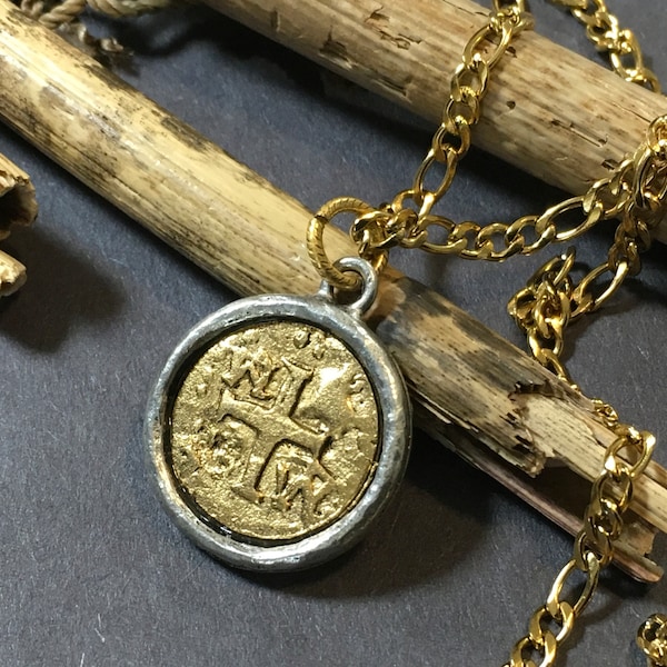 Spanish 8 Reale Gold and Silver Double Sided Replica Pendant on a 20” or 24” Gold Stainless Steel Miami Cuban Link Necklace Coin Necklaces