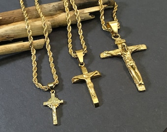 Gold Cross Crucifix Pendant Necklace: Tarnish Free Stainless Steel Rope Chain