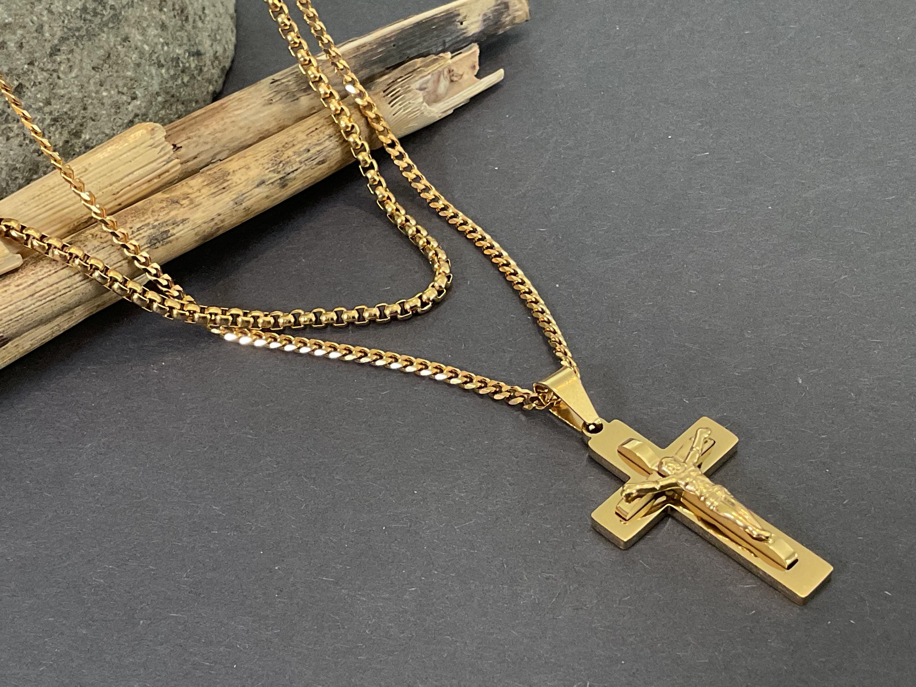 Men Layering Set 24k Gold Cross Crucifix Pendant Gold Miami Cuban Necklace and a Layered Gold Gold Box Chain Necklace Men Pendant Necklaces