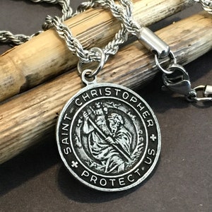 Saint Christopher Double Sided Antique Silver Pendant on a 20” or 24” Tarnish Free Stainless Steel Necklaces Religious Medal Necklaces