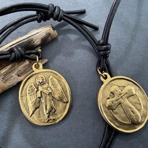 12k Gold St Raphael “The Healing Angel” Pewter Medal on a Genuine Adjustable Leather or Vegan Waterproof Cord Necklace Mens Saint Necklace