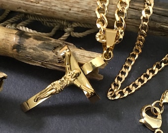 Mens Set Two 18k Gold Layering Necklaces One 24” 18k Gold 4 mm Thick Miami Chain and 24k Gold Cross Crucifix Plus 20” 18k Gold 3 mm Chain