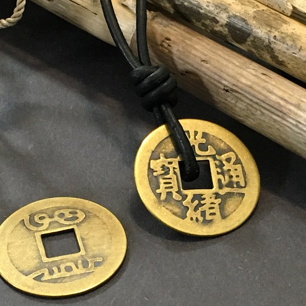 Asian Chinese Coin Antique Gold Ancient coin Charm Double Sided Pendant Adjustable Black or Brown Genuine Leather Cord Necklace