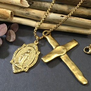 Miraculous Medal Mary Double Sided 12k Antique Gold Pendant a Hammered Antique 12 Gold Cross on a Gold Stainless Steel Box Chain Necklaces
