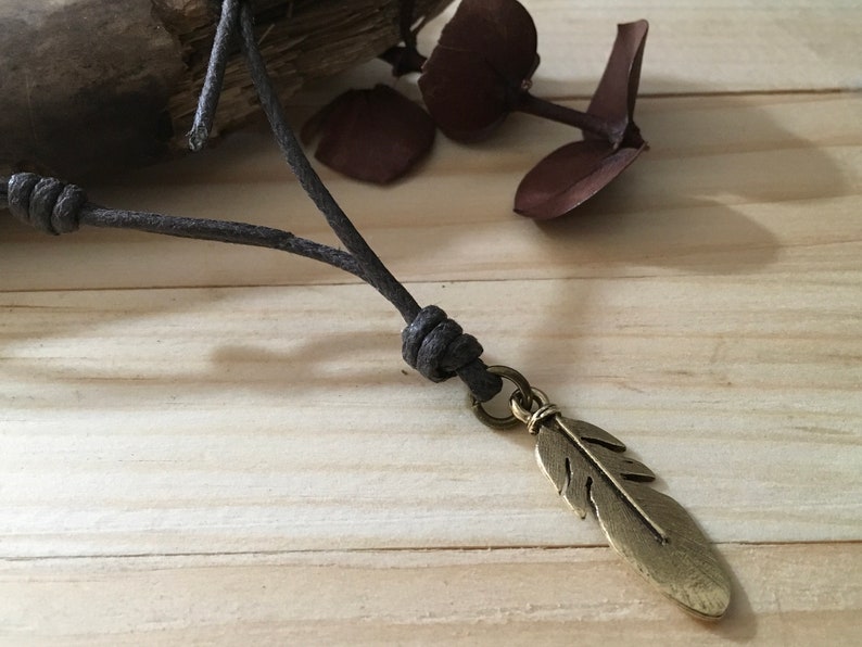 Native American \u201cFeather \u201cNecklace on Adjustable Genuine Leather or Vegan Waxed Cotton Cord Nature Charm Tribal Charm Dream Catcher