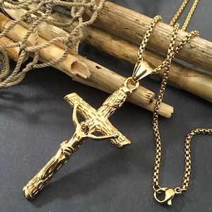 Mens Cross Crucifix Gold Stainless Steel 2” Tall Crucifix on 20” or 24” Gold Thick Stainless Steel Box Chain Necklaces Mens Cross Necklace