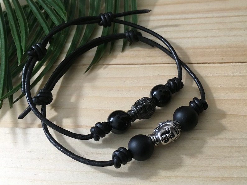 Leather \u201cBuddha Head\u201d Adjustable Bracelets Large Black or Silver Buddah Head Leather or Vegan Wax Cotton Cord Bracelets
