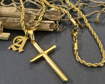 Personalized Cross Pendant Initial Necklace on a Tarnish Free Gold Rope Necklace Men Cross Necklace Men Personalized Cross necklace