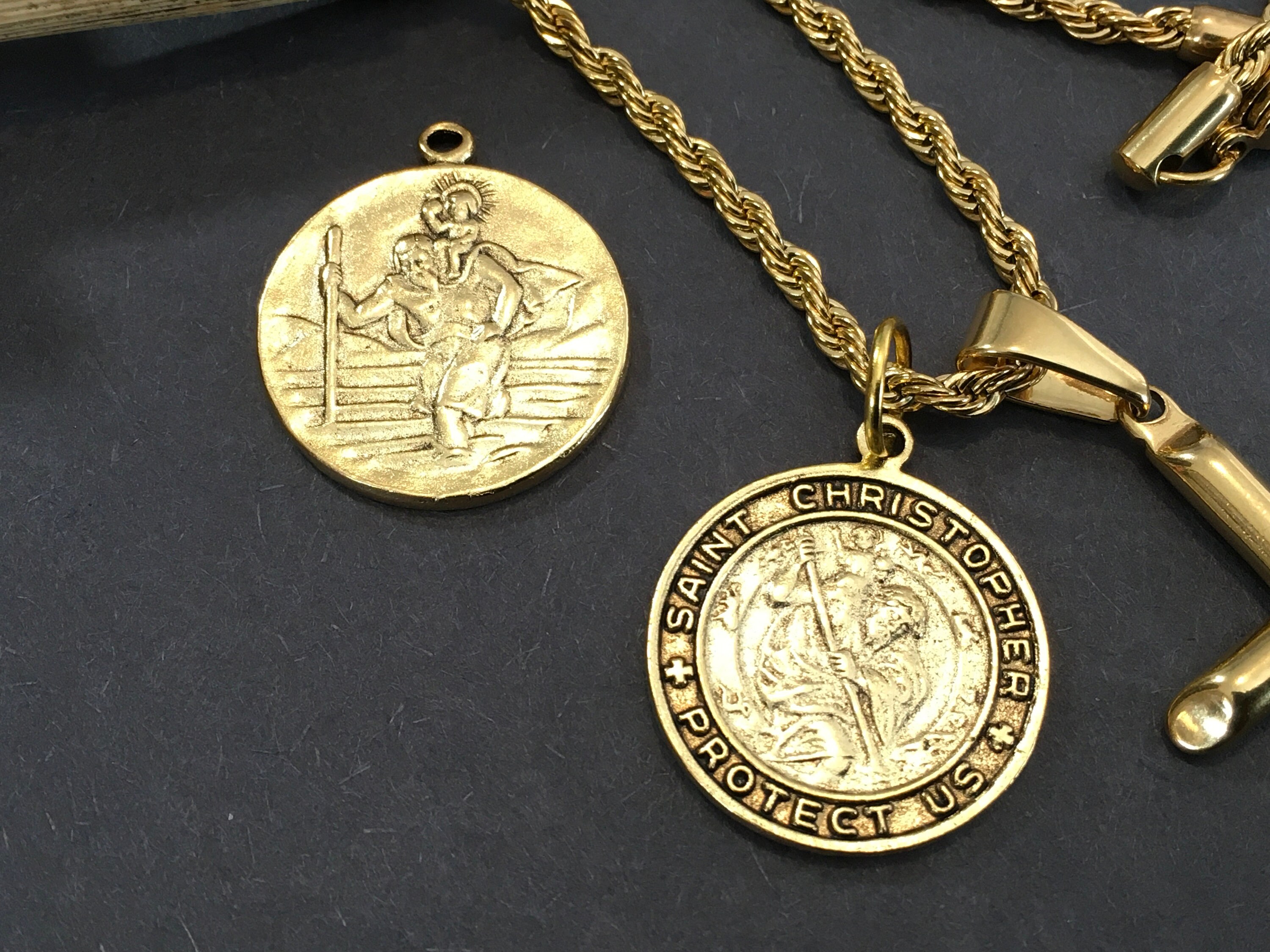 St Christopher Antique Gold Double Sided Pendant Medallion Gold Filled Cross and a Gold Stainless Steel Tarnish Free Rope Chain Etsy Canada