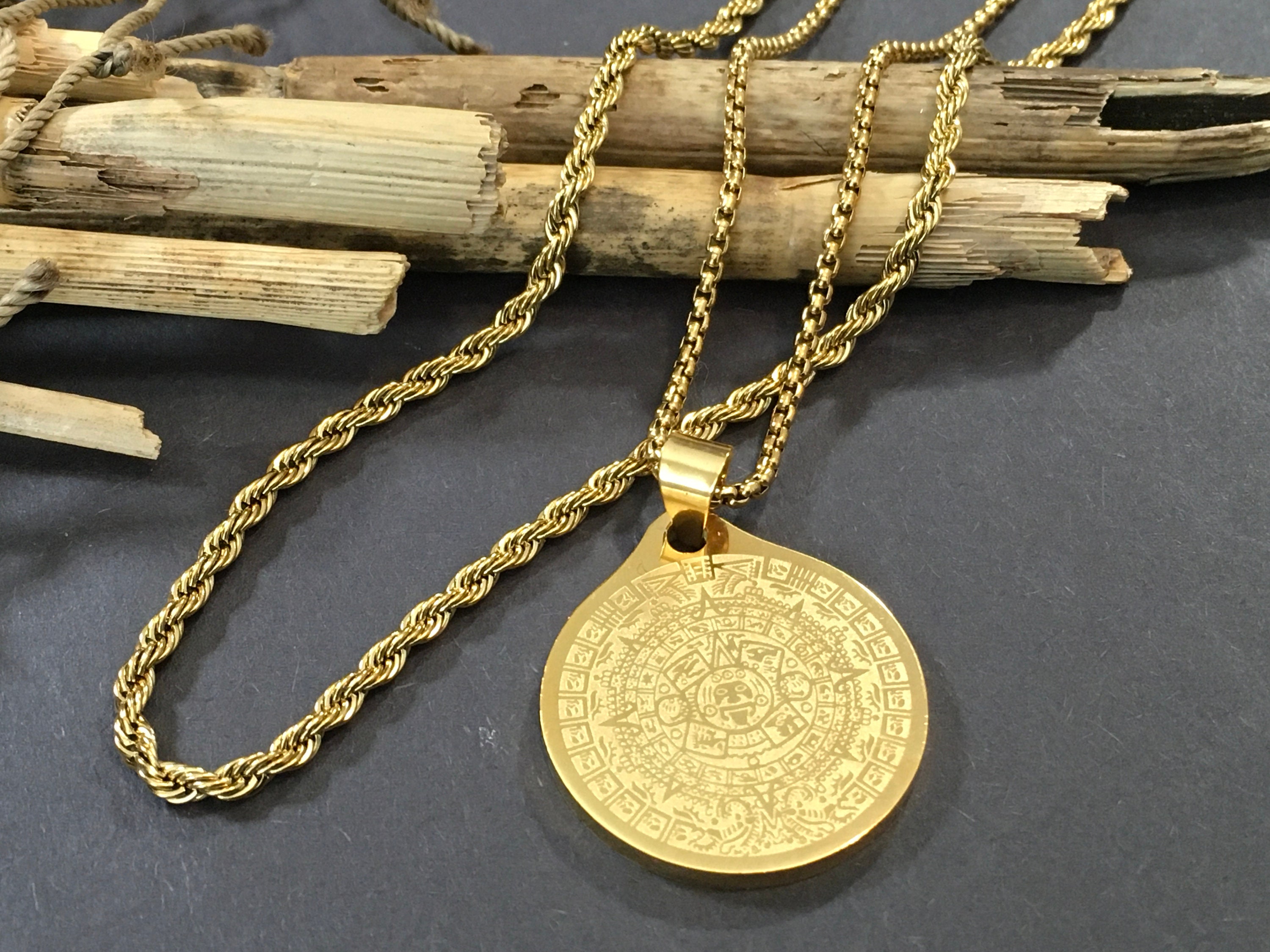 Men's 18k Gold Aztec Mayan Sun Pendant Necklace Set - Etsy