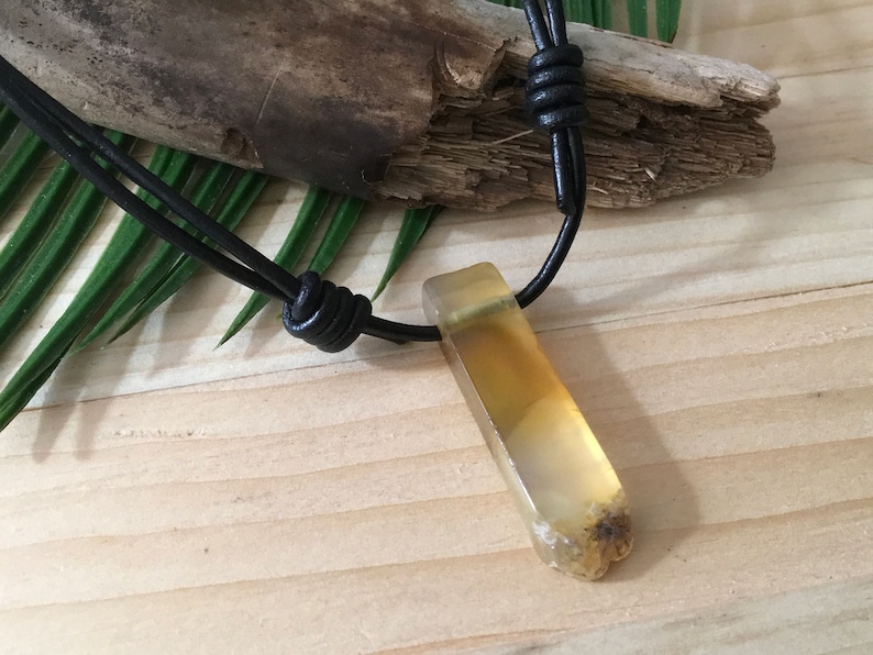Yellow Agate Gemstone Necklace Unisex Adjustable Natural Leather or Vegan Wax Cord Yellow Natural Stone Agate Necklace