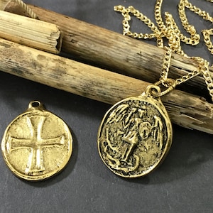 Saint Michael 12k Antique Gold Pendant Saint Michael Defender of Good vs Evil Catholic Saint 18k Gold Filled Miami Chain