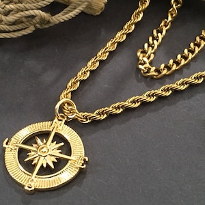Juego de brújula para hombre, brújula North Star de oro de 14 k en un collar de cuerda de oro sin deslustre de 24&quot; y cadena cubana de Miami de acero inoxidable de oro de 20&quot; en capas