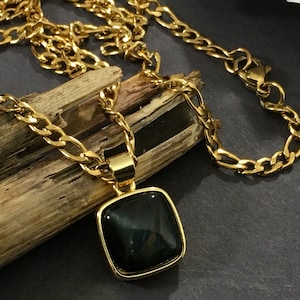 18k Gold Filled Black Onyx Stone Encased Pendant Real Gold Encased Onyx Stone Pendant on a Gold Stainless Steel Figaro Link Necklace