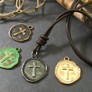 Leather or Vegan Cord Relic Cross Coin Wax Seal Pendants on Genuine Leather or Waterproof Vegan Wax Cotton Cord Necklaces