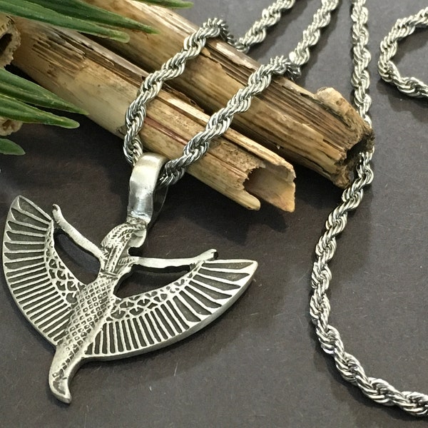 Winged Ma’at Egyptian Goddess of Truth Balance and Order on a 20” or 24” Tarnish Free Silver Stainless Steel Rope Chain Necklace