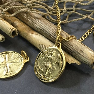 14k Gold Saint Michael Pendant: Stainless Steel Figaro Necklace