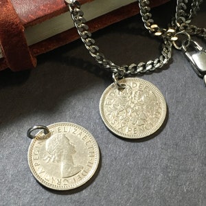 1954 British Sixpence Coin Necklace: Elizabeth II, Miami Cuban Link Chain