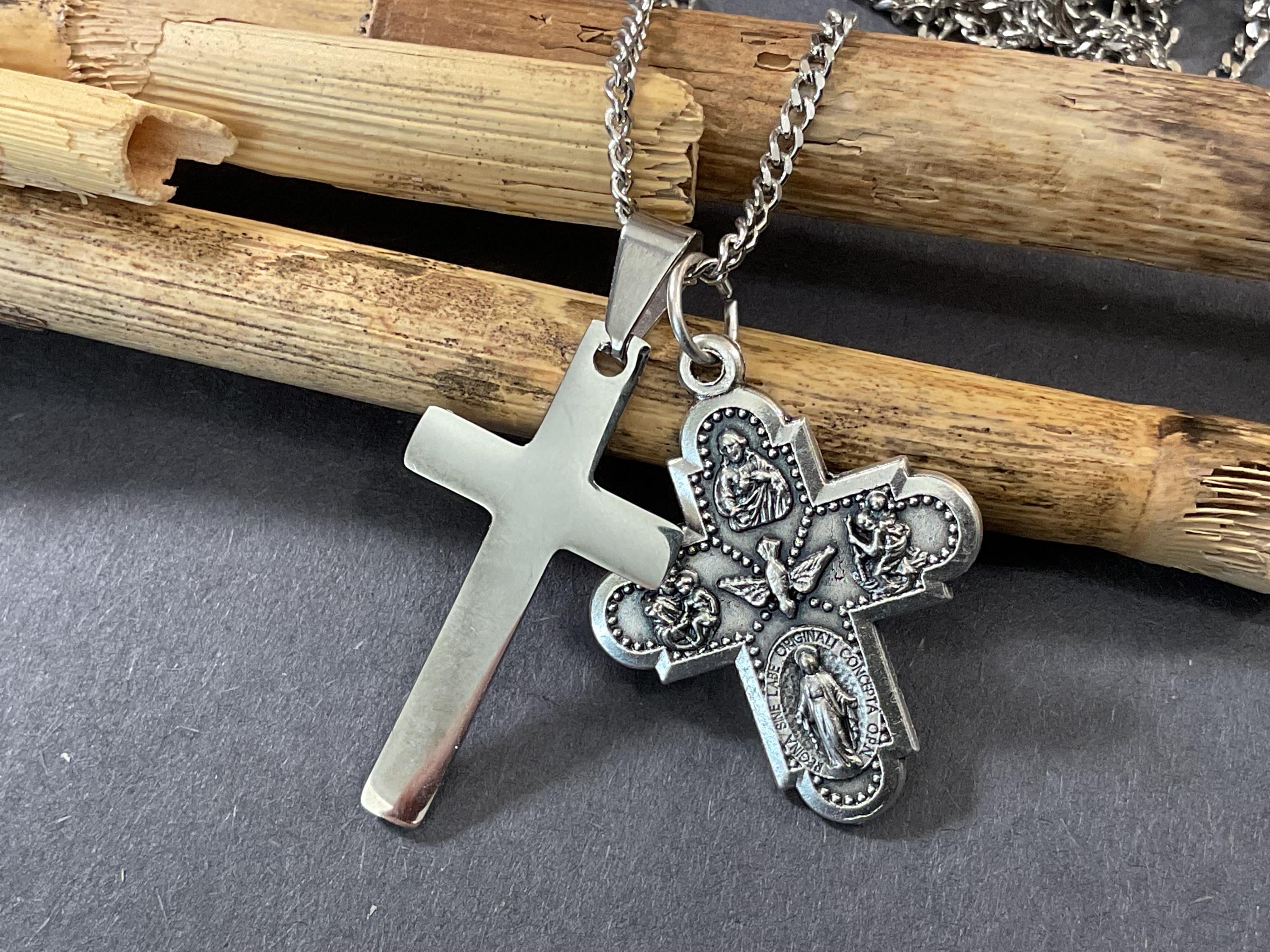 Men's Stainless Steel 4-way Miraculous Medal Cross Necklace (20" or 24 ...