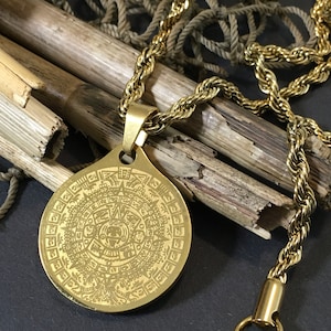 Mens Gold Stainless Steel Mayan Aztec Sun Calendar Pendant Necklace