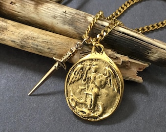 St Michael Sword Pendant: 12k Gold Bronze Archangel Necklace