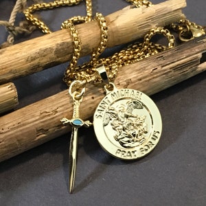 St Michael Gold Filled Medal Necklace: Sword Pendant, Religious Jewelry