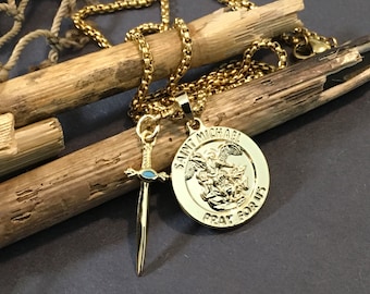 St Michael Gold Filled Medal Necklace: Sword Pendant, Religious Jewelry