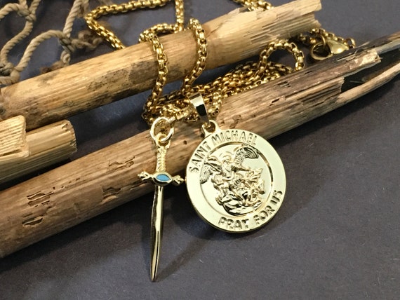 St Michael Gold Filled Medal Necklace: Sword Pendant, Religious Jewelry