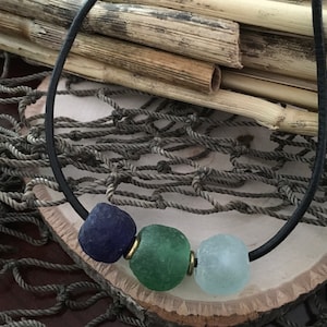 Surfer Sea Glass Necklace Large 14mm Glass Ocean Jewelry with Brass Spacer Beads Adjustable Leather or Vegan Waterproof Cord Beach Jewelry