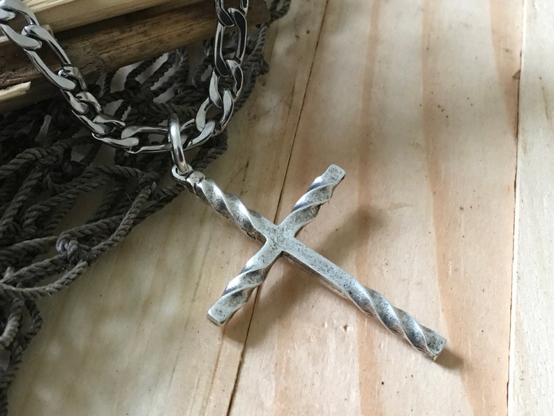 Large Twisted Cross Stick Cross Crucifix on a Thick 5mm Stainless Steel Figaro Link Necklace Antique Silver Double Sided Religious Cross