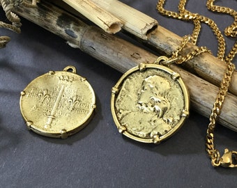 Joan of Arc Gold Pendant Necklace: French Female Warrior Patron Saint, Stainless Steel