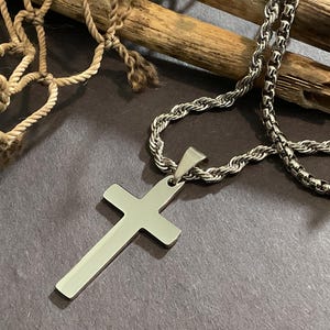 Men Set 2 Tarnish Free Waterproof Stainless Steel Cross Crucifix on a Stainless Steel 24” Silver Rope Chain and Layering 20” Silver  Chain