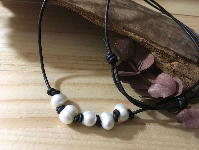 Fresh Water Oblong Natural Pearl Necklace Choker on a Genuine Leather Adjustable Necklace