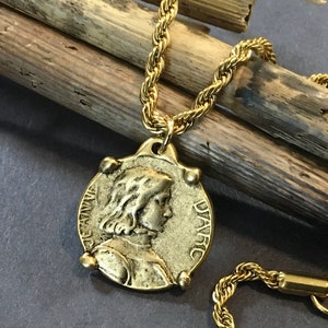 Joan of Arc Pendant: 12k Gold French Rope Chain Necklace