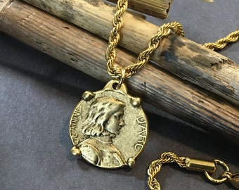 Joan of Arc Pendant: 12k Gold French Rope Chain Necklace