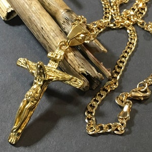 Mens 16K Gold Cross Crucifix Masculine Large Pendant on a 18k Gold Miami Cuban Wide Gold Filled Chain Men Gold Filled Crosses