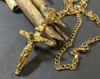 Mens 16K Gold Cross Crucifix Masculine Large Pendant on a 18k Gold Miami Cuban Wide Gold Filled Chain Men Gold Filled Crosses