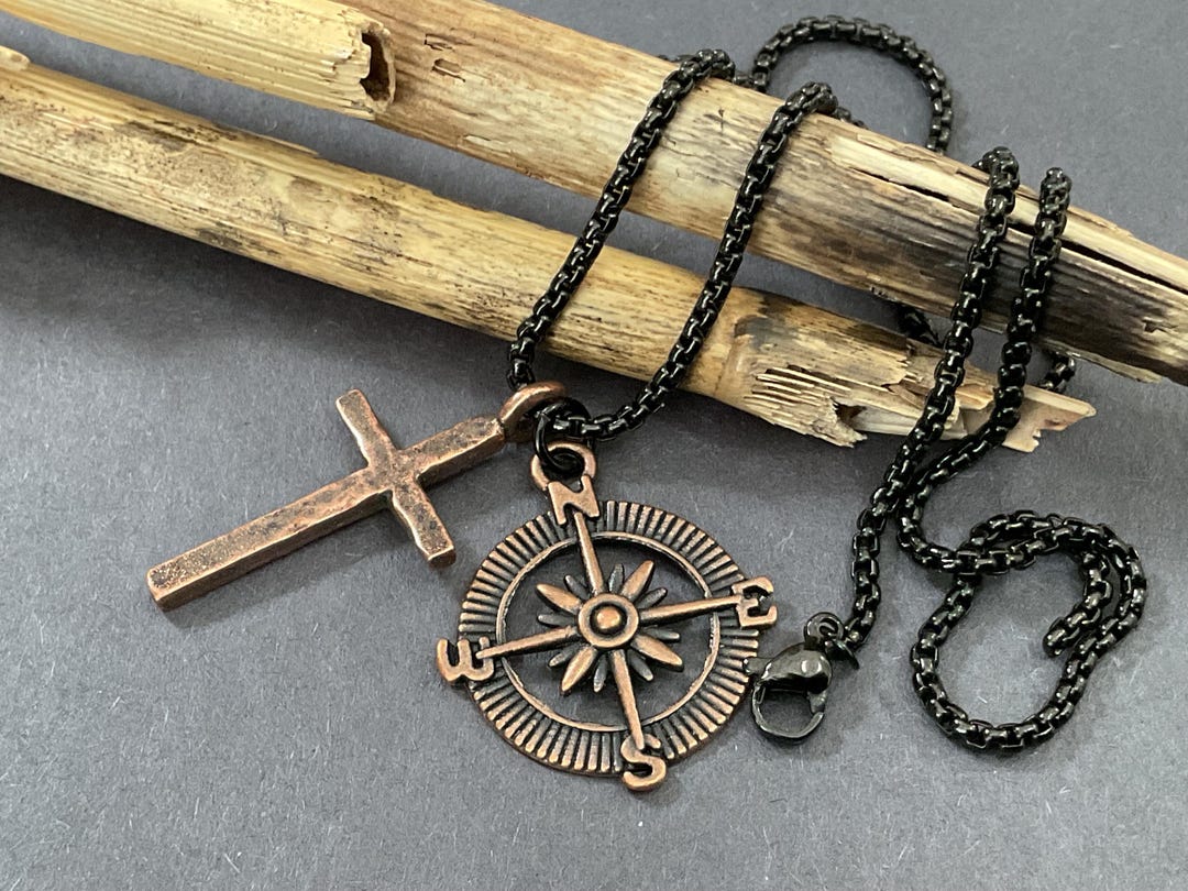 Men Copper Cross and Compass Minimalist Necklace Stainless Steel Black ...