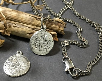 Mens Ancient Cross Pendant: Hammered Silver, Stainless Steel Chain