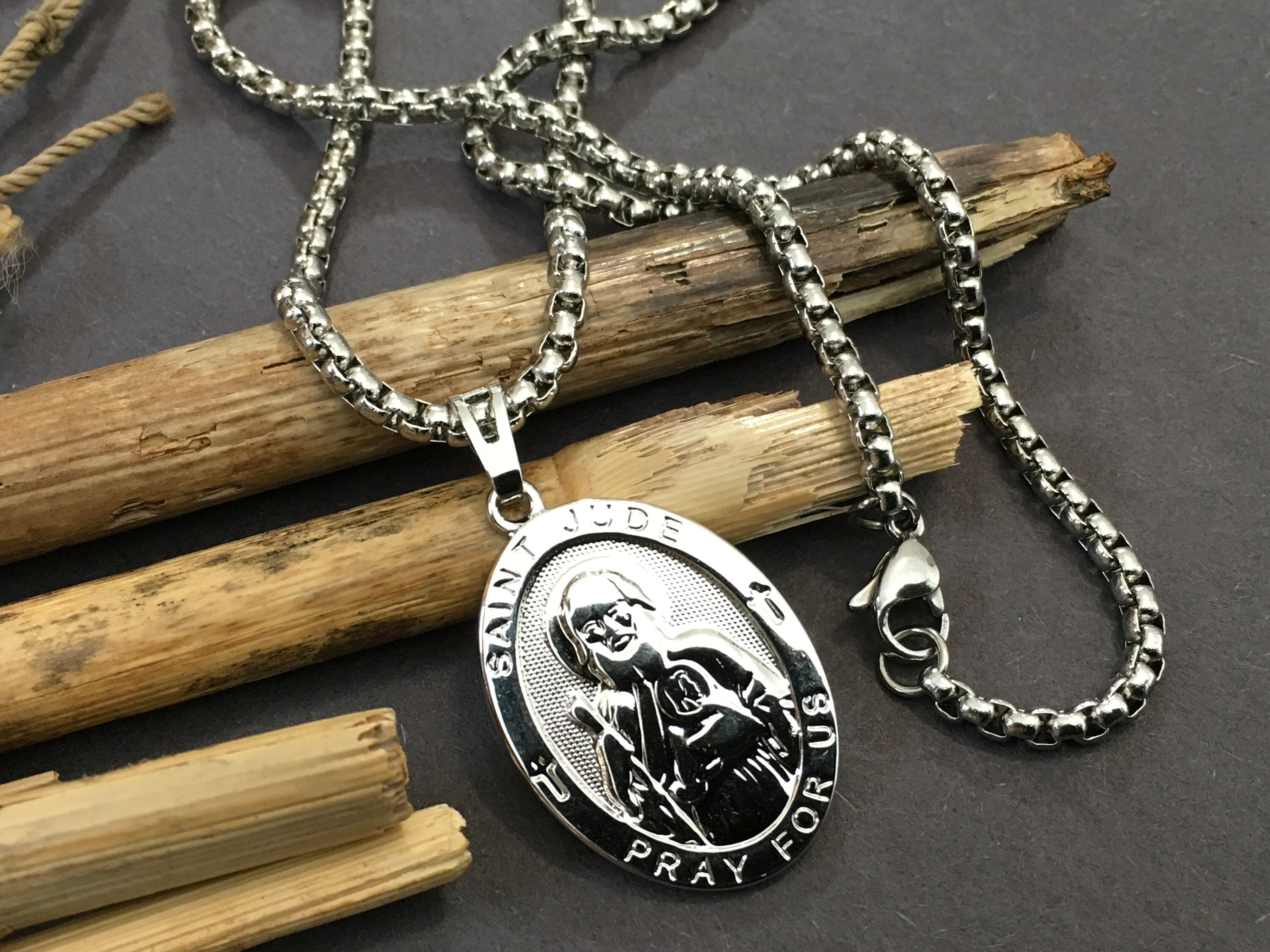 White Gold St Jude Medal: Catholic Stainless Steel Chain Necklace - Etsy