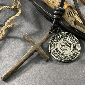 Men Saint Christopher & Hammered Cross Pendant: Antique Silver,  Black Adjustable Leather